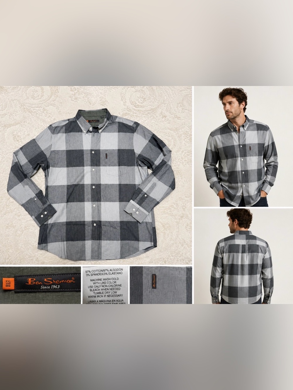 Ben Sherman Gray Black Plaid Button Front Shirt Mens XXL Stretch Long Sleeve